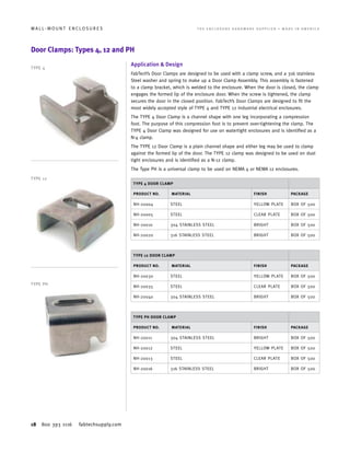 18 800 393 1116 fabtechsupply.com
W A L L - M O U N T E N C L O S U R E S 	 T H E E N C L O S U R E H A R D W A R E S U P P L I E R • M A D E I N A M E R I C A
Door Clamps: Types 4, 12 and PH
Application & Design
FabTech’s Door Clamps are designed to be used with a clamp screw, and a 316 stainless
Steel washer and spring to make up a Door Clamp Assembly. This assembly is fastened
to a clamp bracket, which is welded to the enclosure. When the door is closed, the clamp
engages the formed lip of the enclosure door. When the screw is tightened, the clamp
secures the door in the closed position. FabTech’s Door Clamps are designed to fit the
most widely accepted style of TYPE 4 and TYPE 12 industrial electrical enclosures.
The TYPE 4 Door Clamp is a channel shape with one leg incorporating a compression
foot. The purpose of this compression foot is to prevent over-tightening the clamp. The
TYPE 4 Door Clamp was designed for use on watertight enclosures and is identified as a
N-4 clamp.
The TYPE 12 Door Clamp is a plain channel shape and either leg may be used to clamp
against the formed lip of the door. The TYPE 12 clamp was designed to be used on dust
tight enclosures and is identified as a N-12 clamp.
The Type PH is a universal clamp to be used on NEMA 4 or NEMA 12 enclosures.
TYPE 4 DOOR CLAMP
PRODUCT NO. MATERIAL FINISH PACKAGE
NH-20004 STEEL YELLOW PLATE BOX OF 500
NH-20005 STEEL CLEAR PLATE BOX OF 500
NH-20010 304 STAINLESS STEEL BRIGHT BOX OF 500
NH-20020 316 STAINLESS STEEL BRIGHT BOX OF 500
TYPE 12 DOOR CLAMP
PRODUCT NO. MATERIAL FINISH PACKAGE
NH-20030 STEEL YELLOW PLATE BOX OF 500
NH-20035 STEEL CLEAR PLATE BOX OF 500
NH-20040 304 STAINLESS STEEL BRIGHT BOX OF 500
TYPE PH DOOR CLAMP
PRODUCT NO. MATERIAL FINISH PACKAGE
NH-20011 304 STAINLESS STEEL BRIGHT BOX OF 500
NH-20012 STEEL YELLOW PLATE BOX OF 500
NH-20013 STEEL CLEAR PLATE BOX OF 500
NH-20016 316 STAINLESS STEEL BRIGHT BOX OF 500
TYPE 4
TYPE 12
TYPE PH
 