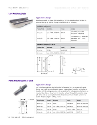 23 800 393 1116 fabtechsupply.com
W A L L - M O U N T E N C L O S U R E S 	 T H E E N C L O S U R E H A R D W A R E S U P P L I E R • M A D E I N A M E R I C A
Euro Mounting Foot
Panel Mounting Collar Stud
Application & Design
Euro Mounting feet are made to be bolted on to the Euro Style Enclosure. The feet are
universal and can be used on the top or the bottom of the enclosure.
Application & Design
The Panel Mounting Collar Stud is intended to be welded to a flat surface such as the
interior rear or side of an enclosure to support equipment and mounting panels. Can be
installed with CD welding apparatus or by arc welding. The collar positions the item to be
mounted at a distance of .94 from the mounting surface. The stud is threaded to accept
3/8–16 hex nuts for securing the item into the enclosure. An arc shield is furnished to
contain the arc during the welding process.
EURO MOUNTING FOOT KIT
PRODUCT NO. MATERIAL FINISH NOTES
EH-40320 304 STAINLESS STEEL BRIGHT
CONTAINS 4 FEET AND
MOUNTING HARDWARE
EH-40322 304 STAINLESS STEEL BRIGHT
CONTAINS 4 FEET, MOUNTING
HARDWARE AND 4 EXTRA
WASHERS
EURO MOUNTING FOOT KIT PARTS
PRODUCT NO. MATERIAL FINISH NOTES
EH-20310 STEEL UNCOATED
EH-20320 304 STAINLESS STEEL BRIGHT
PRODUCT NO. THREAD MATERIAL FINISH NOTES
NH-20350 3/8–16 STEEL UNCOATED WITH ARC SHIELDS
NH-20360 3/8–16 302 STAINLESS STEEL UNCOATED WITH ARC SHIELDS
NH-20351 3/8–16 STEEL COPPER CLAD CD TYPE
NH-20361 3/8–16 302 STAINLESS STEEL UNCOATED CD TYPE
 