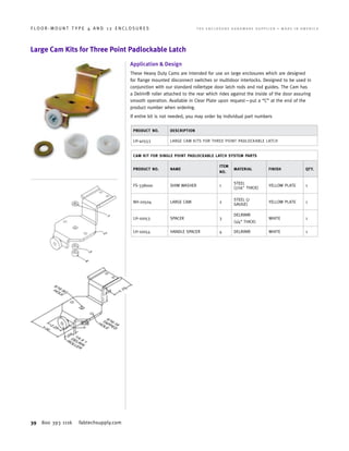 39 800 393 1116 fabtechsupply.com
F L O O R - M O U N T T Y P E 4 A N D 1 2 E N C L O S U R E S 	 T H E E N C L O S U R E H A R D W A R E S U P P L I E R • M A D E I N A M E R I C A
Large Cam Kits for Three Point Padlockable Latch
Application  Design
These Heavy Duty Cams are intended for use on large enclosures which are designed
for flange mounted disconnect switches or multidoor interlocks. Designed to be used in
conjunction with our standard rollertype door latch rods and rod guides. The Cam has
a Delrin® roller attached to the rear which rides against the inside of the door assuring
smooth operation. Available in Clear Plate upon request—put a “C” at the end of the
product number when ordering.
If entire kit is not needed, you may order by individual part numbers
PRODUCT NO. DESCRIPTION
LH-40553 LARGE CAM KITS FOR THREE POINT PADLOCKABLE LATCH
CAM KIT FOR SINGLE POINT PADLOCKABLE LATCH SYSTEM PARTS
PRODUCT NO. NAME
ITEM
NO.
MATERIAL FINISH QTY.
FS-338000 SHIM WASHER 1
STEEL
(7/16 THICK)
YELLOW PLATE 1
NH-20504 LARGE CAM 2
STEEL (7
GAUGE)
YELLOW PLATE 1
LH-10053 SPACER 3
DELRIN®
(1/4” THICK)
WHITE 1
LH-10054 HANDLE SPACER 4 DELRIN® WHITE 1
 