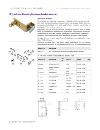 40 800 393 1116 fabtechsupply.com
F L O O R - M O U N T T Y P E 4 A N D 1 2 E N C L O S U R E S 	 T H E E N C L O S U R E H A R D W A R E S U P P L I E R • M A D E I N A M E R I C A
FS Type Panel Mounting Hardware: Bracket Assembly
Application  Design
Interior panels used in electrical enclosures are installed by various means, which range
from simple hex nuts with washers to special brackets and hardware. FabTech offers this
hardware as individual parts, which can be used for factory installation or as kits, that can
be shipped with the panels or enclosures.
Free-Standing (FS) style enclosures and some consoles use brackets to fasten the interior
panels to channel which is welded inside of the enclosures. Single door and double door
FS type enclosures, along with consoles, require various combinations of brackets and
hardware to mount their respective panels. We offer kits for each of these variations.
NH-20400 serves as the panel support bracket for back panels normally installed in type
FS and FSDD enclosures.
Available in Clear Plate, use “C” after Product Number when ordering. Plus, our hardware
packs are generically labeled for use without remarking or can be brand labeled if desired.
PRODUCT NO. DESCRIPTION
NH-40300 FREE STANDING PANEL MOUNTING HARDWARE BRACKET ASSEMBLY
FS TYPE PANEL MOUNTING HARDWARE BRACKET ASSEMBLY PARTS
PRODUCT NO. DESCRIPTION
ITEM
NO.
MATERIAL FINISH QTY.
NH-20400 FS PANEL SUPPORT 1 STEEL YELLOW PLATE 1
NH-20401
FS PANEL SUPPORT
STANDOFF
2 STEEL YELLOW PLATE 1
FS-137358 CARRIAGE BOLT 3
STEEL
3/8–16 X 1.75
YELLOW PLATE 1
FS-136201 HEX HEAD SCREW 4
STEEL
5/16 -18 X 1
YELLOW PLATE 1
FS-33600 FLAT WASHER 5 STEEL 5/16 YELLOW PLATE 1
FS-336001 LOCK WASHER 6 STEEL 5/16 YELLOW PLATE 1
FS-246009 CLAMPING NUT 7 STAINLESS STEEL BRIGHT 1
FS-23700 HEX NUT 8 STEEL YELLOW PLATE 1
FS-33700 FLAT WASHER 9 STEEL YELLOW PLATE 1
 