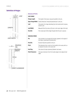 46 800 393 1116 fabtechsupply.com
H I N G E S 	 T H E E N C L O S U R E H A R D W A R E S U P P L I E R • M A D E I N A M E R I C A
Definition of Hinges
Glossary of Terms
LEAF HINGE
Hinge Length	 The length of the leaves measured parallel to the pin.
Open Hinge Width	 Overall dimension measured perpendicular to the pin.
Leaf	The portion of a hinge extending from the knuckle which revolves
around a pin.
Leaf Width	 Measured from the center of the pin to the outer edge of the leaf.
Knuckle	 The circular part of the hinge through which the pin is passed.
KNUCKLE HINGE
Pin	The rod which runs through the knuckle, parallel to the length of
the hinge, comprising the pivotal point.
Knuckle	 Knuckle measured parallel to the pin.
Pitch	The dimension from a point on the knuckle to the same point on
an adjacent knuckle on the same leaf.
End Play	 THe amount of axial movement between the leaves.
Paint Clearance	The space dimension from the knuckle edge to the adjacent leaf
edge.
 