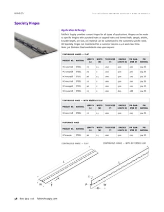 48 800 393 1116 fabtechsupply.com
H I N G E S 	 T H E E N C L O S U R E H A R D W A R E S U P P L I E R • M A D E I N A M E R I C A
CONTINUOUS HINGE — FLAT
Specialty Hinges
Application  Design
FabTech Supply provides custom hinges for all types of applications. Hinges can be made
to specific lengths with punched holes or tapped holes and formed leafs. Length, widths,
knuckle length, pin size, pin material can be customized to the customers specific need.
All Specialty Hinges not inventoried for a customer require a 4–6 week lead time.
Note: 316 Stainless Steel available in sizes upon request.
CONTINUOUS HINGES — FLAT
PRODUCT NO. MATERIAL
LENGTH
(L)
WIDTH
(W)
THICKNESS
(T)
KNUCKLE
LENGTH (K)
PIN DIAM-
ETER (P)
PIN
MATERIAL
HC-500772S STEEL 72 1.5 .050 .500 .120 304 SS
HC-500972S STEEL 72 2 .050 .500 .120 304 SS
HC-600796S STEEL 96 1.5 .060 .500 .120 304 SS
HC-600772S STEEL 72 2 .060 .500 .120 304 SS
HC-600996S STEEL 96 2 .060 .500 .120 304 SS
HC-650972S STEEL 72 2 .060 .625 .188 304 SS
CONTINUOUS HINGE — WITH REVERSED LEAF
PRODUCT NO. MATERIAL
LENGTH
(L)
WIDTH
(W)
THICKNESS
(T)
KNUCKLE
LENGTH (K)
PIN DIAM-
ETER (P)
PIN
MATERIAL
HC-602772R STEEL 72 1.5 .060 .500 .120 304 SS
PERFORMED HINGE
PRODUCT NO. MATERIAL
LENGTH
(L)
WIDTH
(W)
THICKNESS
(T)
KNUCKLE
LENGTH (K)
PIN DIAM-
ETER (P)
PIN
MATERIAL
HF-614496 STEEL 96 1.5 .060 .500 .120 304 SS
CONTINUOUS HINGE — WITH REVERSED LEAF
 