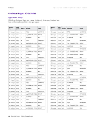 52 800 393 1116 fabtechsupply.com
H I N G E S 	 T H E E N C L O S U R E H A R D W A R E S U P P L I E R • M A D E I N A M E R I C A
Continous Hinges: HC-60 Series
Application  Design
HC-60 Series Continuous Hinges have a gauge of .060, a pin of .120 and a knuckle of .500.
Note: 316 Stainless Steel available in sizes upon request.
PRODUCT
NO.
OPEN
WIDTH
LENGTH MATERIAL FINISH
HC-600372 1.062 72 STEEL UNFINISHED
HC-602372 1.062 72 304 STAINLESS STEEL BRIGHT
HC-604372 1.062 72 ALUMINUM MILL
HC-600396 1.062 96 STEEL UNFINISHED
HC-602396 1.062 96 304 STAINLESS STEEL BRIGHT
HC-604396 1.062 96 ALUMINUM MILL
HC-600572 1.250 72 STEEL UNFINISHED
HC-602572 1.250 72 304 STAINLESS STEEL BRIGHT
HC-604572 1.250 72 ALUMINUM MILL
HC-600596 1.250 96 STEEL UNFINISHED
HC-602596 1.250 96 304 STAINLESS STEEL BRIGHT
HC-604596 1.250 96 ALUMINUM MILL
HC-600772 1.500 72 STEEL UNFINISHED
HC-602772 1.500 72 304 STAINLESS STEEL BRIGHT
HC-604772 1.500 72 ALUMINUM MILL
HC-600796 1.500 96 STEEL UNFINISHED
HC-602796 1.500 96 304 STAINLESS STEEL BRIGHT
HC-604796 1.500 96 ALUMINUM MILL
HC-600872 1.750 72 STEEL UNFINISHED
HC-602872 1.750 72 304 STAINLESS STEEL BRIGHT
HC-604872 1.750 72 ALUMINUM MILL
HC-600896 1.750 96 STEEL UNFINISHED
HC-602896 1.750 96 304 STAINLESS STEEL BRIGHT
HC-604896 1.750 96 ALUMINUM MILL
HC-600972 2.000 72 STEEL UNFINISHED
HC-602972 2.000 72 304 STAINLESS STEEL BRIGHT
HC-604972 2.000 72 ALUMINUM MILL
HC-606972 2.000 72 316 STAINLESS STEEL BRIGHT
PRODUCT
NO.
OPEN
WIDTH
LENGTH MATERIAL FINISH
HC-600996 2.000 96 STEEL UNFINISHED
HC-602996 2.000 96 304 STAINLESS STEEL BRIGHT
HC-604996 2.000 96 ALUMINUM MILL
HC-601172 2.500 72 STEEL UNFINISHED
HC-603172 2.500 72 304 STAINLESS STEEL BRIGHT
HC-605172 2.500 72 ALUMINUM MILL
HC-601196 2.500 96 STEEL UNFINISHED
HC-603196 2.500 96 304 STAINLESS STEEL BRIGHT
HC-604196 2.500 96 316 STAINLESS STEEL BRIGHT
HC-605196 2.500 96 ALUMINUM MILL
HC-601372 3.000 72 STEEL UNFINISHED
HC-603372 3.000 72 304 STAINLESS STEEL BRIGHT
HC-605372 3.000 72 ALUMINUM MILL
HC-601396 3.000 96 STEEL UNFINISHED
HC-603396 3.000 96 304 STAINLESS STEEL BRIGHT
HC-605396 3.000 96 ALUMINUM MILL
HC-601572 3.500 72 STEEL UNFINISHED
HC-603572 3.500 72 304 STAINLESS STEEL BRIGHT
HC-605572 3.500 72 ALUMINUM MILL
HC-601596 3.500 96 STEEL UNFINISHED
HC-603596 3.500 96 304 STAINLESS STEEL BRIGHT
HC-605596 3.500 96 ALUMINUM MILL
HC-601772 4.000 72 STEEL UNFINISHED
HC-603772 4.000 72 304 STAINLESS STEEL BRIGHT
HC-605772 4.000 72 ALUMINUM MILL
HC-601796 4.000 96 STEEL UNFINISHED
HC-603796 4.000 96 304 STAINLESS STEEL BRIGHT
HC-605796 4.000 96 ALUMINUM MILL
 