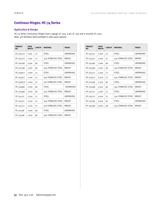 55 800 393 1116 fabtechsupply.com
H I N G E S 	 T H E E N C L O S U R E H A R D W A R E S U P P L I E R • M A D E I N A M E R I C A
Continous Hinges: HC-74 Series
Application  Design
HC-74 Series Continuous Hinges have a gauge of .074, a pin of .250 and a knuckle of 1.000.
Note: 316 Stainless Steel available in sizes upon request.
PRODUCT
NO.
OPEN
WIDTH
LENGTH MATERIAL FINISH
HC-740772 1.500 72 STEEL UNFINISHED
HC-742772 1.500 72 304 STAINLESS STEEL BRIGHT
HC-740796 1.500 96 STEEL UNFINISHED
HC-742796 1.500 96 304 STAINLESS STEEL BRIGHT
HC-740972 2.000 72 STEEL UNFINISHED
HC-742972 2.000 72 304 STAINLESS STEEL BRIGHT
HC-746972* 2.000 72 316 STAINLESS STEEL BRIGHT
HC-740996 2.000 96 STEEL UNFINISHED
HC-742996 2.000 96 304 STAINLESS STEEL BRIGHT
HC-741172 2.500 72 STEEL UNFINISHED
HC-743172 2.500 72 304 STAINLESS STEEL BRIGHT
HC-747172 2.500 72 316 STAINLESS STEEL BRIGHT
HC-741196 2.500 96 STEEL UNFINISHED
HC-743196 2.500 96 304 STAINLESS STEEL BRIGHT
PRODUCT
NO.
OPEN
WIDTH
LENGTH MATERIAL FINISH
HC-741372 3.000 72 STEEL UNFINISHED
HC-743372 3.000 72 304 STAINLESS STEEL BRIGHT
HC-741396 3.000 96 STEEL UNFINISHED
HC-743396 3.000 96 304 STAINLESS STEEL BRIGHT
HC-741572 3.500 72 STEEL UNFINISHED
HC-743572 3.500 72 304 STAINLESS STEEL BRIGHT
HC-741596 3.500 96 STEEL UNFINISHED
HC-743596 3.500 96 304 STAINLESS STEEL BRIGHT
HC-741772 4.000 72 STEEL UNFINISHED
HC-743772 4.000 72 304 STAINLESS STEEL BRIGHT
HC-741796 4.000 96 STEEL UNFINISHED
HC-743796 4.000 96 304 STAINLESS STEEL BRIGHT
 