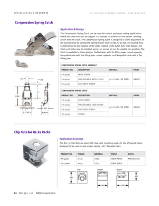 62 800 393 1116 fabtechsupply.com
M I S C E L L A N E O U S H A R D W A R E 	 T H E E N C L O S U R E H A R D W A R E S U P P L I E R • M A D E I N A M E R I C A
Compression Spring Catch
Application  Design
The Compression Spring Catch can be used for various enclosure sealing applications
where the cover and box are aligned in a manner to achieve an over center camming
action with the catch. The Compression Spring Catch is designed to allow adjustment of
the sealing force by varying the spring tension from 30 lbs. to 70 lbs. The sealing force
is determined by the location of the strike relative to the Catch (see chart below). The
Catch and strike may be installed using s or screws or may be welded into position. The
Catch is available in three designs: Padlockable, with the lifting lever curved upwards;
Nonpadlockable with the lifting lever curved upwards; and Nonpadlockable with a flat
lifting lever.
COMPRESSION SPRING CATCH ASSEMBLY
PRODUCT NO. DESCRIPTION MATERIAL FINISH
LH-40130 WITH STRIKE
302 STAINLESS STEEL BRIGHTLH-40131 PADLOCKABLE WITH STRIKE
LH-40132 FLAT WITH STRIKE
COMPRESSION SPRING CATCH
PRODUCT NO. DESCRIPTION MATERIAL FINISH
LH-20130 LESS STRIKE
302 STAINLESS STEEL BRIGHT
LH-20131 PADLOCKABLE LESS STRIKE
LH-20132 FLAT LESS STRIKE
LH-20125 STRIKE
Clip Nuts for Relay Racks
Application  Design
The #10–32 Clip Nuts are used with relay rack mounting angles in lieu of tapped holes.
Designed to be used in rack angles having .281 diameter holes.
PRODUCT NO. THREAD MATERIAL FINISH NOTES
NH-45020 10–32 STEEL CLEAR PLATE PACKAGE (20)
FS-223008 10–32 STEEL CLEAR PLATE
 