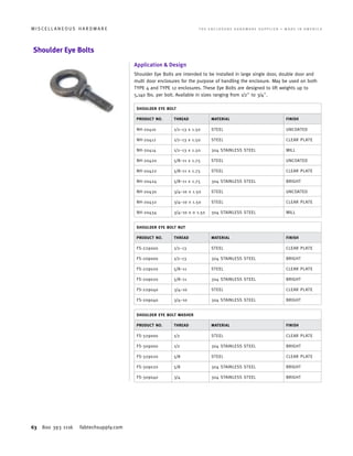 63 800 393 1116 fabtechsupply.com
M I S C E L L A N E O U S H A R D W A R E 	 T H E E N C L O S U R E H A R D W A R E S U P P L I E R • M A D E I N A M E R I C A
Shoulder Eye Bolts
Application  Design
Shoulder Eye Bolts are intended to be installed in large single door, double door and
multi door enclosures for the purpose of handling the enclosure. May be used on both
TYPE 4 and TYPE 12 enclosures. These Eye Bolts are designed to lift weights up to
5,140 lbs. per bolt. Available in sizes ranging from 1/2 to 3/4.
SHOULDER EYE BOLT
PRODUCT NO. THREAD MATERIAL FINISH
NH-20410 1/2–13 x 1.50 STEEL UNCOATED
NH-20412 1/2–13 x 1.50 STEEL CLEAR PLATE
NH-20414 1/2–13 x 1.50 304 STAINLESS STEEL MILL
NH-20420 5/8–11 x 1.75 STEEL UNCOATED
NH-20422 5/8–11 x 1.75 STEEL CLEAR PLATE
NH-20424 5/8–11 x 1.75 304 STAINLESS STEEL BRIGHT
NH-20430 3/4–10 x 1.50 STEEL UNCOATED
NH-20432 3/4–10 x 1.50 STEEL CLEAR PLATE
NH-20434 3/4–10 x 0 1.50 304 STAINLESS STEEL MILL
SHOULDER EYE BOLT NUT
PRODUCT NO. THREAD MATERIAL FINISH
FS-229000 1/2–13 STEEL CLEAR PLATE
FS-209000 1/2–13 304 STAINLESS STEEL BRIGHT
FS-229020 5/8–11 STEEL CLEAR PLATE
FS-209020 5/8–11 304 STAINLESS STEEL BRIGHT
FS-229040 3/4–10 STEEL CLEAR PLATE
FS-209040 3/4–10 304 STAINLESS STEEL BRIGHT
SHOULDER EYE BOLT WASHER
PRODUCT NO. THREAD MATERIAL FINISH
FS-329000 1/2 STEEL CLEAR PLATE
FS-309000 1/2 304 STAINLESS STEEL BRIGHT
FS-329020 5/8 STEEL CLEAR PLATE
FS-309020 5/8 304 STAINLESS STEEL BRIGHT
FS-309040 3/4 304 STAINLESS STEEL BRIGHT
 