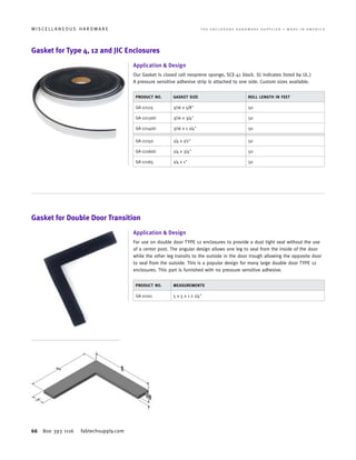 66 800 393 1116 fabtechsupply.com
M I S C E L L A N E O U S H A R D W A R E 	 T H E E N C L O S U R E H A R D W A R E S U P P L I E R • M A D E I N A M E R I C A
Gasket for Type 4, 12 and JIC Enclosures
Gasket for Double Door Transition
Application  Design
Our Gasket is closed cell neoprene sponge, SCE-41 black. (U indicates listed by UL.)
A pressure sensitive adhesive strip is attached to one side. Custom sizes available.
Application  Design
For use on double door TYPE 12 enclosures to provide a dust tight seal without the use
of a center post. The angular design allows one leg to seal from the inside of the door
while the other leg transits to the outside in the door trough allowing the opposite door
to seal from the outside. This is a popular design for many large double door TYPE 12
enclosures. This part is furnished with no pressure sensitive adhesive.
PRODUCT NO. GASKET SIZE ROLL LENGTH IN FEET
GA-22125 3/16 x 5/8 50
GA-22130U 3/16 x 3/4 50
GA-22140U 3/16 x 1 1/4 50
GA-22150 1/4 x 1/2 50
GA-22160U 1/4 x 3/4 50
GA-22165 1/4 x 1 50
PRODUCT NO. MEASUREMENTS
GA-21101 5 x 5 x 1 x 1/4
 