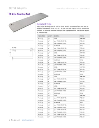 9 800 393 1116 fabtechsupply.com
J I C S T Y L E E N C L O S U R E S 	 T H E E N C L O S U R E H A R D W A R E S U P P L I E R • M A D E I N A M E R I C A
JIC Style Mounting Feet
PRODUCT NO. LENGTH MATERIAL FINISH
JH-20403 3" STEEL NATURAL
JH-20423 3" 304 STAINLESS STEEL POLISH
JH-20443 3" 316 STAINLESS STEEL POLISH
JH-20463 3" ALUMINUM MILL
JH-20424 4" 304 STAINLESS STEEL POLISH
JH-20444 4" 316 STAINLESS STEEL POLISH
JH-20405 5" STEEL NATURAL
JH-20425 5" 304 STAINLESS STEEL POLISH
JH-20445 5" 316 STAINLESS STEEL POLISH
JH-20465 5" ALUMINUM MILL
JH-20426 6" 304 STAINLESS STEEL POLISH
JH-20446 6" 316 STAINLESS STEEL POLISH
JH-20407 7" STEEL NATURAL
JH-20427 7" 304 STAINLESS STEEL POLISH
JH-20447 7" 316 STAINLESS STEEL POLISH
JH-20467 7" ALUMINUM MILL
JH-20409 9" STEEL NATURAL
JH-20429 9" 304 STAINLESS STEEL POLISH
JH-20449 9" 316 STAINLESS STEEL POLISH
JH-20469 9" ALUMINUM MILL
JH-20411 11" STEEL NATURAL
JH-20431 11" 304 STAINLESS STEEL POLISH
JH-20451 11" 316 STAINLESS STEEL POLISH
JH-20471 11" ALUMINUM MILL
JH-20413 13" STEEL NATURAL
JH-20433 13" 304 STAINLESS STEEL POLISH
JH-20453 13" 316 STAINLESS STEEL POLISH
JH-20473 13" ALUMINUM MILL
JH-20434 14" 304 STAINLESS STEEL POLISH
JH-20454 14" 316 STAINLESS STEEL POLISH
JH-20435 15" 304 STAINLESS STEEL POLISH
JH-20455 15" 316 STAINLESS STEEL POLISH
JH-20437 17" 304 STAINLESS STEEL POLISH
JH-20457 17" 316 STAINLESS STEEL POLISH
Application & Design
The JIC Style Mounting Feet are used to mount the box to another surface. The feet are
designed to be welded to the back of a JIC type box. Hole size and spacing are industry
standard. All mounting feet made standard with 12 gauge material. Special order request
for stainless steel.
 