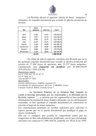 15
La Revisión efectuó el siguiente cálculo de horas “máquinas”
abonadas sin respaldo documental que acredite la efectiva prestación de
servicio:
Mes
Horas
máquinas Valor hora Total $
Abril 4.205 53,75 226.018,75
Mayo 3.917 53,75 210.538,75
Junio 3.965 53,75 213.118,75
Julio 3.173 53,75 170.548,75
Agosto 5.184 58,08 301.086,72
Septiembre 5.000 58,08 290.400,00
Octubre 4.688 58,08 272.279,04
Noviembre 5.240 58,08 304.339,20
35.372 1.988.329,96
En virtud de todo lo expuesto, considera esta Revisión que no se
ha aportado respaldo documental que acredite la efectiva prestación del
servicio de 17.404 horas de operarios, más 35.372 horas máquinas;
constituyendo una erogación sin justificar por $2.966.384,84
(978.054,88+1.988.329,96).
Disposiciones legales:
Ley Nº 3799, arts. 19, 38, 60, 75
Ley N° 5806, art. 2
Acuerdo HTC N° 3023
Responsables:
Gerente Administrativo: SABINO, Alejandro (*)
Coordinador de Administración y Servicios: CARDONE, Carlos
Contador General: JEREZ, Gonzalo Javier.”
La Secretaría Relatora, en su dictamen final, teniendo en
cuenta el descargo presentado por los responsables y lo informado por la
Revisión, expresa: “… se advierte que los responsables no han justificado
debidamentela cantidad de horas hombre abonadas con las efectivamente
insumidas, ni han aportado el respaldo documental y/o contractual en
relación al pago de las horas máquinas.
Las contestaciones aportadas no resultan suficientes para subsanar el
reparo, puesto que no se aporta documental que justifique el pago en
exceso cuestionado.
Ello así, se configura una partida no comprobada atento que las
erogaciones no han sido debidamente justificadas, por lo que corresponde
sancionarcon cargo por $ 2.966.384,84, conforme art. 40 de la ley 1003.
 