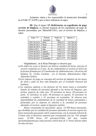 7
Asimismo reitera a los responsables la instrucción formulada
en el Fallo Nº 16.070 a que se hace referencia ut-supra.
III. Que el reparo 15: Deficiencias en expedientes de pago
servicio de limpieza, se efectuó respecto de los expedientes de pago de
facturas presentadas por Masterfull S.R.L. por el servicio de limpieza, a
saber:
Expte. N° Período
facturado
Orden de
Pago
Importe $
2987-M-2013 Abril 2944/13 724.786,50
3840-M-2013 Mayo 4397/13 724.786,50
4608-M-2013 Junio 5134/13 724.786,50
5468-I-2013 Julio 6463/13 724.786,50
6399-M-2013 Agosto 7152/13 871.200,00
7635-M-2013 Setiembre 8436/13 871.000,00
8356-M-2013 Octubre 9245/13 871.200,00
9316-M-2013 Noviembre 10211/13 871.200,00
Originalmente, en la Pieza Principal se observó que:
a)En todos los casos se factura sin indicar cantidad de horas, sino por el
servicio realizado en el mes. Se da conformidad al servicio al dorso de
la factura firmada por el Coordinador de Administración y Servicios del
Instituto Sr. Carlos Cardone y/o el Gerente Administrativo Dipl.
Alejandro Sabino.
b)Las órdenes de pago en concepto del servicio de limpieza de los meses
de abril y julio no han sido firmadas por el Contador General del
Instituto;
c) La empresa adjunta a las facturas de los meses mayo a noviembre
listado de nómina de personal afectado a las tareas de limpieza, que
incluye respecto de cada mes: 39 personas en mayo, 40 personas en
junio, 42 personas en julio, 40 personas en agosto, 42 personas en
setiembre y octubre y 41 personas en noviembre. Se observa una
imposibilidad de cumplimiento de la cantidad de horas contratadas y
facturadas por la empresa en relación a la cantidad de personas
afectadas al servicio, según el siguiente análisis:
- Horas contratadas en mayo/julio: aprox. 13.500 horas mensuales,
que divididas por la cantidad de personas afectadas al servicio supera las
horas mensuales quepuede cubrir cada persona con la jornada laboral de
8 horas más el descanso semanal que corresponde por ley. Por ejemplo
mayo: 13.500 horas /39 personas/31días del mes, resulta
aproximadamenteque cada persona cubrió más de 11 horas diarias todos
los días del mes.
 