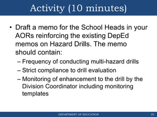 DEPARTMENT OF EDUCATION
Activity (10 minutes)
• Draft a memo for the School Heads in your
AORs reinforcing the existing DepEd
memos on Hazard Drills. The memo
should contain:
– Frequency of conducting multi-hazard drills
– Strict compliance to drill evaluation
– Monitoring of enhancement to the drill by the
Division Coordinator including monitoring
templates
25
 