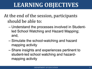DEPARTMENT OF EDUCATION
LEARNING OBJECTIVES
At the end of the session, participants
should be able to:
– Understand the processes involved in Student-
led School Watching and Hazard Mapping;
and,
– Simulate the school-watching and hazard
mapping activity
– Share insights and experiences pertinent to
student-led school watching and hazard-
mapping activity
3
 