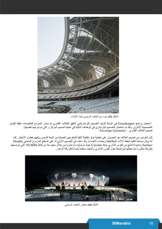 18BIMarabia
.‫اإلنشاء‬ ‫تحت‬ ‫الرئيسي‬ ‫الملعب‬ ‫من‬ ‫جزء‬ :)3( ‫الشكل‬
‫للفرق‬ ‫دقيقة‬ ‫كمعلومات‬ ‫النموذج‬ ‫در‬ُ‫ص‬ ‫ثم‬ ‫القشري‬ ‫للغالف‬ ‫الدقيق‬ ‫اللوغاريثمي‬ ‫التصميم‬ ‫لتوليد‬ ‫البداية‬ ‫في‬ Grasshopper ‫برنامج‬ ‫استعمل‬
:‫تفصيليا‬ ‫شرحها‬ ‫تم‬ ‫التي‬ ‫و‬ ‫المركز‬ ‫تصميم‬ ‫عملية‬ ‫في‬ ‫التالية‬ ‫الوظائف‬ ‫في‬ ‫البارامتري‬ ‫التصميم‬ ‫استعمال‬ ‫تم‬ ‫ولقد‬ .‫األخرى‬ ‫التصميمية‬
Envelope Geometry – ‫القشري‬ ‫الغالف‬ ‫تصميم‬
‫كما‬ .‫األمطار‬ ‫هطول‬ ‫ويقيهم‬ ‫الشمس‬ ‫أشعة‬ ‫من‬ ‫للحماية‬ ‫للمتفرجين‬ ً‫ا‬‫كافي‬ ً‫ال‬‫تظلي‬ ‫توفر‬ ‫تغطية‬ ‫على‬ ‫الحصول‬ ‫هو‬ ‫الغالف‬ ‫تصميم‬ ‫من‬ ‫الغرض‬ ‫كان‬
Double ‫المنحني‬ ‫المزدوج‬ ‫السطح‬ ‫على‬ ‫له‬ ‫األولي‬ ‫التصميم‬ ‫في‬ ‫اعتمد‬ ‫وقد‬ .‫اإلضاءة‬ ‫ومعدات‬ ‫الميكانيكية‬ ‫اآلالت‬ ‫لحفظ‬ ‫كافية‬ ‫مساحة‬ ‫يوفر‬ ‫أنه‬
‫نسخها‬ ‫تم‬ ‫التي‬ NURBS ‫نقاط‬ ‫من‬ ‫مجموعة‬ ‫خالل‬ ‫من‬ ً‫ا‬‫بارامتري‬ ‫توليده‬ ‫تم‬ ‫حيث‬ Circular Arc ‫الدائري‬ ‫القوس‬ ‫من‬ ‫النابع‬ Curve Surface
.‫الزهور‬ ‫بتلة‬ ‫شكل‬ ‫يشبه‬ ً‫ا‬‫سطح‬ ‫وأنتجت‬ ‫الدائري‬ ‫القوس‬ ‫حول‬ ‫متراصفة‬ ‫جعلها‬ ‫مما‬ ‫متكررة‬ ‫بطريقة‬
.‫الرئيسي‬ ‫للملعب‬ ‫منظور‬ :)4( ‫الشكل‬
 