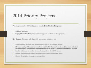 2014 Priority Projects
Priority projects for 2014 (Objectives include Data Quality Program):
• OR Data Analytics
• Supply Chain Data Analytics (See Charter appendix for details on these projects).
Key Impact (Program will align with key project initiatives to):
• Ensure standard, accessible data documentation exists for the 2 priority projects
• Measure quality of data elements defined as critical by the supply chain analytics team and other
key stakeholders; report quality metrics for these fields at each Data Governance Office meeting.
• Baseline and reduce the number of one-off extracts from the SIS OR system.
• Baseline and increase the number of user accesses of the normalized OR stores.
• Measure the adoption of data governance policies
 