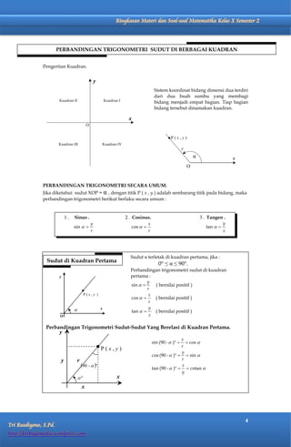 Matematika Kelas X Semester 2                 Ringkasan Materi dan Soal-soal Matematika Kelas X Semester 2




                     PERBANDINGAN TRIGONOMETRI SUDUT DI BERBAGAI KUADRAN


              Pengertian Kuadran.


                                              y
                                                                                 Sistem koordinat bidang dimensi dua terdiri
                                                                                 dari dua buah sumbu yang membagi
                       Kuadran II                     Kuadran I
                                                                                 bidang menjadi empat bagian. Tiap bagian
                                                                                 bidang tersebut dinamakan kuadran.

                                                                   x
                                          O



                      Kuadran III                 Kuadran IV




              PERBANDINGAN TRIGONOMETRI SECARA UMUM.
              Jika diketahui sudut XOP = α , dengan titik P ( x , y ) adalah sembarang titik pada bidang, maka
              perbandingan trigonometri berikut berlaku secara umum :


                            1.   Sinus .                          2 . Cosinus.                          3 . Tangen .




                                                                    Sudut α terletak di kuadran pertama, jika :
                Sudut di Kuadran Pertama
                                                                                  0° ≤ α ≤ 90°.
                                                                    Perbandingan trigonometri sudut di kuadran
                       y                                            pertama :
                                                                                 ( bernilai positif )
                                      P(x,y )
                                                                                 ( bernilai positif )

                                                  x
                                                                                 ( bernilai positif )
                       O
                       O


                Perbandingan Trigonometri Sudut-Sudut Yang Berelasi di Kuadran Pertama.
                       y

                                                  P(x,y)

                        y         r

                                                             x
                                      x




                                                                                                                          4
Tri Rusdiyono, S.Pd.
http://berbagimedia.wordpress.com
 