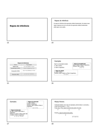 Regras de inferência
Regras de inferência
As regras de inferência são argumentos válidos fundamentais. Ao estudar essas
regras, deparamo-nos com uma série de argumentos válidos fundamentais
estão alguns mais usados.
Regras de inferências
Nome Propriedade
Adição (AD) p ↦ p ∨ q ou p ↦ q ∨ p
Simplificação (SIMP) p ∧ 𝑞 ↦ p ou p ∧ 𝑞 ↦ q
Conjunção (CONJ)
p, q ↦ p ∧ 𝑞 ou p, q ↦ q ∧ 𝑝
Absorção (ABS)
p → q ↦ p → (p ∧ 𝑞)
Exemplos
Sejam as proposições simples:
p: João é médico
q: Pedro é engenheiro
 Regra da simplificação
João é médico e Pedro é engenheiro.
Portanto, João é médico.
p ∧ q ↦ p
 Regra da adição
p: João é médico
Portanto, João é médico ou Pedro é engenheiro.
p ↦ p ∨ q
Exemplos
 Regra da absorção
Se João é médico então Pedro é
engenheiro.
Portanto, Se João é médico então João
é médico e Pedro é engenheiro
p → q ↦ p → (p ∧ 𝑞)
 Regra da conjunção
p: João é médico
q:Pedro é engenheiro
Portanto, João é médico e Pedro é
engenheiro.
p, q ↦ p ∧ q
Modus Ponens
Conhecida também como regra de separação, permite deduzir a conclusão q
a partir das premissas p → q e p.
Se faz calor, então a água da piscina esta quente. Faz calor.
Portanto, a água da piscina esta quente.
q
p p
q
p → q,p ↦ q
13 14
15 16
17 18
 