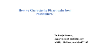 How we Characterise Diazotrophs from
rhizosphere?
Dr. Pooja Sharma,
Department of Biotechnology,
MMDU Mullana, Ambala-133207
 