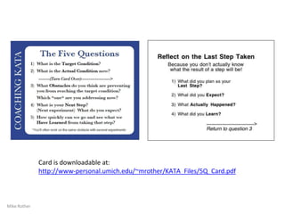 Card is downloadable at:
http://www-personal.umich.edu/~mrother/KATA_Files/5Q_Card.pdf
Mike Rother
 