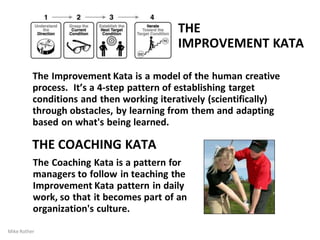 THE
IMPROVEMENT KATA
The Improvement Kata is a model of the human creative
process. It’s a 4-step pattern of establishing target
conditions and then working iteratively (scientifically)
through obstacles, by learning from them and adapting
based on what's being learned.
THE COACHING KATA
The Coaching Kata is a pattern for
managers to follow in teaching the
Improvement Kata pattern in daily
work, so that it becomes part of an
organization's culture.
Mike Rother
 