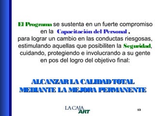 El Programa se sustenta en un fuerte compromiso
en la Capacitación del Personal ,
para lograr un cambio en las conductas riesgosas,
estimulando aquellas que posibiliten la Seguridad,
cuidando, protegiendo e involucrando a su gente
en pos del logro del objetivo final:

ALCANZAR LA CALIDAD TOTAL
MEDIANTE LA MEJORA PERMANENTE
13

 