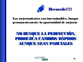 Recuerde!!!!
Los mejoramientos son interminables, busque
permanentemente la oportunidad de mejorar

NO BUSQUE LA PERFECCIÓN,
PRODUZCA CAMBIOS RÁPIDOS
AUNQUE SEAN PARCIALES

20

 