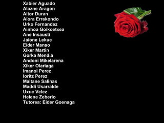 Xabier Aguado Alazne Aragon Aitor Duran Aiora Errekondo Urko Fernandez Ainhoa Goikoetxea Ane Insausti Jaione Lekue Eider Manso Xiker Martin Gorka Mendia Andoni Mikelarena Xiker Olariaga Imanol Perez Ioritz Perez Maitane Salinas Maddi Usarralde  Uxue Velez Helene Zeberio Tutorea: Eider Goenaga 