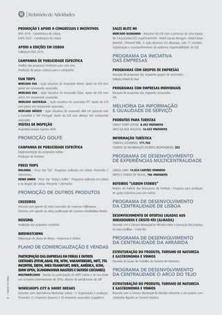 | Relatório de Atividades
|TURISMODELISBOA
40
R
PROMOÇÃO E APOIO A CONGRESSOS E INCENTIVOS
WTA 2018 – Candidatura de Lisboa;
EADV 2020 – Candidatura de Lisboa.
APOIO A EDIÇÕES EM LISBOA
Colloqium ISEG 2016.
Campanha de Publicidade Específica
Análise das propostas recebidas para este ano;
Produção de peças criativas para a campanha.
Fam Trips
Mercado EUA – Ação iniciativa do Associado Abreu. Apoio do LCB com
jantar em restaurante associado;
Mercado EUA – Ação iniciativa do Associado Oásis. Apoio do LCB com
jantar em restaurante associado;
Mercado Austrália – Ação iniciativa do associado PTT. Apoio do LCB
com jantar em restaurante associado;
Mercado México – Ação iniciativa do associado AIM em parceria com
o Corinthia e TAP Portugal. Apoio do LCB com almoço em restaurante
associado.
Visitas de Inspeção
Argentina Leisure Express Abril.
PROMOÇÃO GOLFE
CAMPANHA DE PUBLICIDADE ESPECÍFICA
Implementação da campanha online;
Produção de banners.
Press Trips
HOLANDA – Press Trip “Zin”. Programa realizado em Lisboa. Presentes 2
elementos;
REINO UNIDO - Press Trip “Today’s Golfer”. Programa realizado em Lisboa
e na Região de Lisboa. Presente 1 elemento.
PROMOÇÃO DE OUTROS PRODUTOS
Cruzeiros
Parceria com agente do setor/operador de cruzeiros Pullmantur;
Parceria com agente do setor/publicação de cruzeiros Intotheblue Media.
Housing
Avaliação das propostas recebidas.
Birdwatching
Elaboração de plano de Meios – Imprensa & Online.
PLANO DE COMERCIALIZAÇÃO E VENDAS
PARTICIPAÇÃO DAS EMPRESAS EM FEIRAS E OUTROS
CERTAMES (FITUR,ABAV, ITB, WTM, VAKANTIBEURS, MITT, TTG
INCONTRI, EIBTM, IMEX FRANKFURT, IMEX, AMÉRICA, IGTM,
BMW OPEN, SCANDINAVIAN MASTERS E OUTROS CERTAMES)
MULTIMERCADOS - Gestão da participação da ARPT Lisboa e do seu trade
nos certames internacionais de 2016, através do portal Feiras do TdP.
Workshops City & Short Breaks
Encontro com Operadores/Workshop Lisboa – I. Organização e produção.
Presentes 22 empresas (buyers) e 20 empresas associadas (suppliers).
Sales Blitz MI
Mercado Alemanha – Iniciativa do LCB com a presença de uma Equipa
de 3 Associados LCB, respetivamente - Hotel Cascais Miragem, Hotel Lisboa
Marriott, Cititravel DMC. A ação decorreu em Munique, com 11 reuniões.
Organização e acompanhamento da exclusiva responsabilidade do LCB.
PROGRAMA DA INICIATIVA
DAS EMPRESAS
Programas com grupos de empresas
Receção de propostas dos seguintes grupos de associados:
Haliotis/Hotel do Mar.
PROGRAMAS COM EMPRESAS INDIVIDUAIS
Receção de propostas dos seguintes associados:
APL.
MELHORIA DA INFORMAÇÃO
E QUALIDADE DE SERVIÇO
PRODUTOS PARA TURISTAS
LISBOA STORY CENTRE: 8.492 visitantes
ARCO DA RUA AUGUSTA: 16.033 visitantes
INFORMAÇÃO TURÍSTICA
TURISTAS ATENDIDOS: 171.703
PEDIDOS DE INFORMAÇÃO ESCRITOS RESPONDIDOS: 202
PROGRAMA DE DESENVOLVIMENTO
DE EXPERIÊNCIAS MULTICENTRALIDADE
LISBOA CARD: 14.834 cartões vendidos
MITOS E LENDAS DE SINTRA: 786 visitantes
Roteiros “Lisbon Stories”
Roteiro do Palácio dos Marqueses de Pombal – Pesquisa para produção
de guião indicativo para um roteiro.
PROGRAMA DE DESENVOLVIMENTO
DA CENTRALIDADE DE LISBOA
Desenvolvimento de Ofertas ligadas aos
miradouros e Cristo-Rei (Almada)
Reunião com a Câmara Municipal de Almada sobre a execução dos projetos
no eixo Cacilhas – Cristo Rei.
PROGRAMA DE DESENVOLVIMENTO
DA CENTRALIDADE DA ARRÁBIDA
Estruturação do produto, Turismo de Natureza
e Gastronomia e Vinhos
Reunião do Grupo de Trabalho do Turismo de Natureza.
PROGRAMA DE DESENVOLVIMENTO
DA CENTRALIDADE O ARCO DO TEJO
Estruturação do produto, Turismo de Natureza
e Gastronomia e Vinhos
Reunião com a Câmara Municipal do Montijo referente a um projeto com
conteúdos ligados ao Turismo Náutico.
 