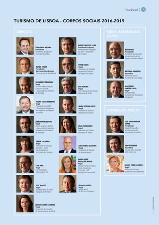 Turismo de Lisboa - Corpos Sociais 2016-2019
TURISMODELISBOA|
7
NNacional |
Direção MESA ASSEMBLEIA
GERAL
conselho fiscal
Rui Horta
Presidente
Presidente do Conselho
de Administração da
TopMic Turismo Portugal
António Pimentel
Secretário
Diretor do Museu
Nacional de Arte Antiga
Martinho
Santos Costa
Vogal
Administrador
Delegado da Barraqueiro
Transportes
Luís Castanheira
Lopes
Presidente
Vogal do Conselho
de Administração
da Pousada de Lisboa
Filipe Taveira
Secretário
Leisure Sales Manager
AVIS Rent-a-Car
Isabel Cruz Almeida
Vogal
Diretora de Serviços
do Mosteiro dos Jerónimos
Fernando Medina
Presidente
Presidente da Câmara
Municipal de Lisboa
Jorge Ponce de Leão
Presidente Adjunto
Administrador-Delegado
da ANA – Aeroportos
de Portugal
Rui de Sousa
Presidente
do Convention Bureau
Diretor Geral do Hotel Tivoli
Vítor Costa
Vogal
Presidente da Entidade
Regional de Turismo
da Região de Lisboa
Bernardo Trindade
Vogal
Vice-Presidente Direção
Executiva da AHP
– Associação da Hotelaria
de Portugal
Maria João
Rocha de Matos
Vogal	
Diretora Geral da Lisboa,
Feiras, Congressos
e Eventos – FCE
Associação Empresarial
José Marto
Vogal	
Administrador do Hotel
Marquês de Pombal
Álvaro Covões
Vogal
Diretor Geral
da The Live Company
Joana Gomes Cardoso
Vogal	
Presidente do Conselho
de Administração da EGEAC
Rui Pereira
Vogal
Vice-Presidente da Câmara
Municipal de Sintra
Pedro Costa Ferreira
Vogal
Presidente da APAVT
– Associação Portuguesa
das Agências de Viagens
e Turismo
Nuno Piteira Lopes
Vogal	
Vereador da Câmara
Municipal de Cascais
José Manuel Esteves
Vogal	
Diretor Geral da AHRESP
– Associação da Hotelaria
Restauração e Similares
de Portugal
Célia Fernandes
Vogal	
Vereadora da Câmara
Municipal de Mafra
Carla Salsinha
Vogal
Presidente da Direção
da UACS – União
das Associações
de Comércio e Serviços
Luís Paixão Martins
Vogal
Presidente da Direção
do NewsMuseum
Luiz Mór
Vogal
Vice-Presidente
Comercial da TAP
 