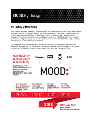The History of Mood Media
Mood Media is the global leader for Experience Design. We partner with our clients to help them connect
with their customers by designing powerful and productive customer experiences. Founded more than
75 years ago, Mood established the in-store media industry in 1934, and today, we deliver Music,
Messaging, Visual, Scent, Interactive and Sound System solutions to 560,000 clients in more than 55
countries. Our songs, messages, and visuals are experienced by more than 100 million people each day
in businesses of all sizes and across all industries.
In recent years, Mood completed a series of strategic acquisitions to consolidate its position as the
undisputed industry leader. In February 2013, we unveiled our new, unified brand identify and laid the
foundation for a future as one global company – One Team, with One Plan and One Goal.
 
