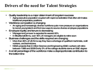 Drivers of the need for Talent Strategies Quality leadership is a major determinant of long-term success Aging executive population coupled with rapid consolidation that often eliminates traditional preparatory positions Workforce composition is changing An aging and increasingly diverse workforce puts more pressure on organizations to recruit young talent and find new ways to source diverse employee populations Employee loyalty and tenure is decreasing Management turnover is expected to exceed 20% In “traditional” firms, over 40% of managers are eligible to retire soon Business challenges and the skills required are changing More than 80% of US firms say they face a shortage of qualified machinists, craft workers, and technicians. NASA projects that 2 million Science and Engineering (S&E) workers will retire between 1998 and 2008 – only 5% of the college students earns an S&E degree A small percentage of the workforce make a disproportionate contribution to the bottom line 