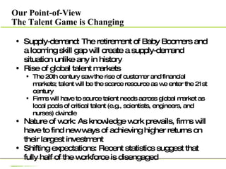 Our Point-of-View The Talent Game is Changing Supply-demand: The retirement of Baby Boomers and a looming skill gap will create a supply-demand situation unlike any in history Rise of global talent markets  The 20th century saw the rise of customer and financial markets; talent will be the scarce resource as we enter the 21st century Firms will have to source talent needs across global market as local pools of critical talent (e.g., scientists, engineers, and nurses) dwindle Nature of work: As knowledge work prevails, firms will have to find new ways of achieving higher returns on their largest investment Shifting expectations: Recent statistics suggest that fully half of the workforce is disengaged 