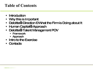 Table of Contents Introduction Why this is Important Deloitte’s Direction – What the Firm is Doing about It Human Capital’s Approach Deloitte’s Talent Management POV Framework Approach Intro to the Exercise Contacts 