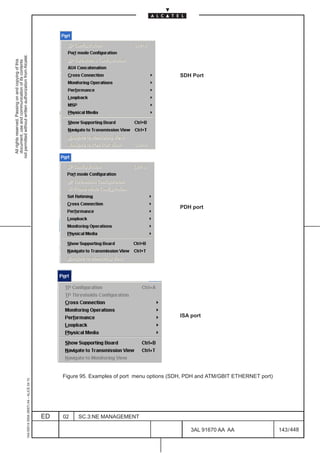 All rights reserved. Passing on and copying of this
                                                                                                                                                         document, use and communication of its contents
                                                                                                                                                       not permitted without written authorization from Alcatel.
      1AA 00014 0004 (9007) A4 – ALICE 04.10




                           ED
                           02
                           SC.3:NE MANAGEMENT
                                                                                                                                 ISA port
                                                                                                                                            PDH port
                                                                                                                                                                                                  SDH Port




448
         3AL 91670 AA AA
                                                Figure 95. Examples of port menu options (SDH, PDH and ATM/GBIT ETHERNET port)




         143 / 448
 
