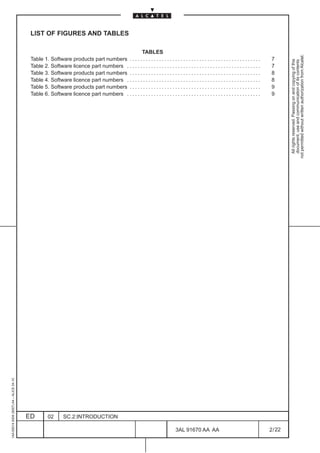 LIST OF FIGURES AND TABLES

                                                                                            TABLES




                                                                                                                                                                                                not permitted without written authorization from Alcatel.
                                          Table 1. Software products part numbers . . . . . . . . . . . . . . . . . . . . . . . . . . . . . . . . . . . . . . . . . . . . . . . . .     7




                                                                                                                                                                                                  All rights reserved. Passing on and copying of this
                                                                                                                                                                                                  document, use and communication of its contents
                                          Table 2. Software licence part numbers . . . . . . . . . . . . . . . . . . . . . . . . . . . . . . . . . . . . . . . . . . . . . . . . . .    7
                                          Table 3. Software products part numbers . . . . . . . . . . . . . . . . . . . . . . . . . . . . . . . . . . . . . . . . . . . . . . . . .     8
                                          Table 4. Software licence part numbers . . . . . . . . . . . . . . . . . . . . . . . . . . . . . . . . . . . . . . . . . . . . . . . . . .    8
                                          Table 5. Software products part numbers . . . . . . . . . . . . . . . . . . . . . . . . . . . . . . . . . . . . . . . . . . . . . . . . .     9
                                          Table 6. Software licence part numbers . . . . . . . . . . . . . . . . . . . . . . . . . . . . . . . . . . . . . . . . . . . . . . . . . .    9
1AA 00014 0004 (9007) A4 – ALICE 04.10




                                         ED         02       SC.2:INTRODUCTION

                                                                                                                                 3AL 91670 AA AA                                       2 / 22


                                                                                                                                                    22
 