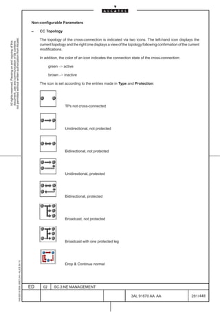 Non-configurable Parameters

                                                                                               –   CC Topology
not permitted without written authorization from Alcatel.




                                                                                                   The topology of the cross-connection is indicated via two icons. The left-hand icon displays the
  All rights reserved. Passing on and copying of this
  document, use and communication of its contents




                                                                                                   current topology and the right one displays a view of the topology following confirmation of the current
                                                                                                   modifications.

                                                                                                   In addition, the color of an icon indicates the connection state of the cross-connection:

                                                                                                          green – active

                                                                                                          brown – inactive

                                                                                                   The icon is set according to the entries made in Type and Protection:




                                                                                                                    TPs not cross-connected




                                                                                                                    Unidirectional, not protected




                                                                                                                    Bidirectional, not protected




                                                                                                                    Unidirectional, protected




                                                                                                                    Bidirectional, protected




                                                                                                                    Broadcast, not protected




                                                                                                                    Broadcast with one protected leg
                                                     1AA 00014 0004 (9007) A4 – ALICE 04.10




                                                                                                                    Drop  Continue normal




                                                                                              ED     02      SC.3:NE MANAGEMENT

                                                                                                                                                              3AL 91670 AA AA                        281 / 448


                                                                                                                                                                            448
 