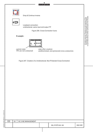 Drop  Continue inverse




                                                                                                                                              not permitted without written authorization from Alcatel.
                                                                                                                                                All rights reserved. Passing on and copying of this
                                                                                                                                                document, use and communication of its contents
                                                           Loopback connection:
                                                           unidirectional, same input and output TP

                                                                        Figure 206. Cross-Connection Icons


                                                   Example:




                                                   current state:                state after creation:
                                                   TPs are not connected         unidirectional, non-protected cross-connection




                                                      Figure 207. Creation of a Unidirectional, Non-Protected Cross-Connection
1AA 00014 0004 (9007) A4 – ALICE 04.10




                                         ED   02     SC.3:NE MANAGEMENT

                                                                                                      3AL 91670 AA AA             282 / 448


                                                                                                                448
 