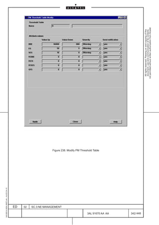 1AA 00014 0004 (9007) A4 – ALICE 04.10




                           ED
                           02
                           SC.3:NE MANAGEMENT
                                                Figure 238. Modify PM Threshold Table




448
         3AL 91670 AA AA
         342 / 448
                                                                                          All rights reserved. Passing on and copying of this
                                                                                          document, use and communication of its contents
                                                                                        not permitted without written authorization from Alcatel.
 