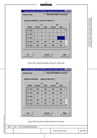 Node D:1660SM–MS–SPRING–Squelch Table Configu...




                                                                                                                             not permitted without written authorization from Alcatel.
                                                                                                                               All rights reserved. Passing on and copying of this
                                                                                                                               document, use and communication of its contents
                                                            Figure 287. Squelching table of Node D, West side.



                                                       Node D:1660SM–MS–SPRING–Squelch Table Configu...
1AA 00014 0004 (9007) A4 – ALICE 04.10




                                                            Figure 288. Squelching table of Node D, East side.


                                         ED   02   SC.3:NE MANAGEMENT

                                                                                              3AL 91670 AA AA    392 / 448


                                                                                                           448
 