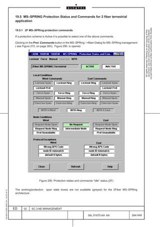 19.5 MS–SPRING Protection Status and Commands for 2 fiber terrestrial
                                          application




                                                                                                                                               not permitted without written authorization from Alcatel.
                                          19.5.1 2F MS–SPRing protection commands




                                                                                                                                                 All rights reserved. Passing on and copying of this
                                                                                                                                                 document, use and communication of its contents
                                          If a protection schema is Active it is possible to select one of the above commands.

                                          Clicking on the Prot. Commands button in the MS–SPRing –Main Dialog for MS–SPRing management
                                          ( see Figure 272. on page 383), Figure 290. is opened.
                                                      8




                                                              Figure 290. Protection states and commands ”Idle” status (2F)


                                          The working/protection    span state boxes are not available (greyed) for the 2Fiber MS–SPRing
1AA 00014 0004 (9007) A4 – ALICE 04.10




                                          architecture.




                                         ED      02       SC.3:NE MANAGEMENT

                                                                                                       3AL 91670 AA AA             394 / 448


                                                                                                                     448
 