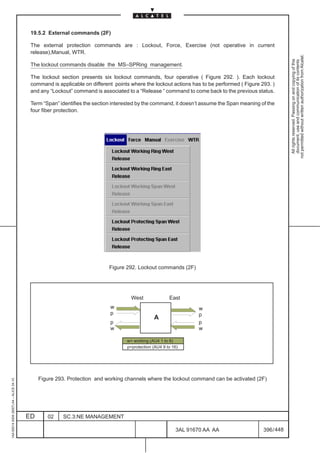 19.5.2 External commands (2F)

                                          The external protection commands are : Lockout, Force, Exercise (not operative in current
                                          release),Manual, WTR.




                                                                                                                                                        not permitted without written authorization from Alcatel.
                                                                                                                                                          All rights reserved. Passing on and copying of this
                                                                                                                                                          document, use and communication of its contents
                                          The lockout commands disable the MS–SPRing management.

                                          The lockout section presents six lockout commands, four operative ( Figure 292. ). Each lockout
                                          command is applicable on different points where the lockout actions has to be performed ( Figure 293. )
                                          and any “Lockout” command is associated to a “Release “ command to come back to the previous status.

                                          Term “Span” identifies the section interested by the command, it doesn’t assume the Span meaning of the
                                          four fiber protection.




                                                                           Figure 292. Lockout commands (2F)




                                                                                    West               East
                                                                           w                                     w
                                                                           p                                     p
                                                                                               A
                                                                           p                                     p
                                                                           w                                     w

                                                                                  w= working (AU4 1 to 8)
                                                                                  p=protection (AU4 9 to 16)




                                              Figure 293. Protection and working channels where the lockout command can be activated (2F)
1AA 00014 0004 (9007) A4 – ALICE 04.10




                                         ED      02    SC.3:NE MANAGEMENT

                                                                                                          3AL 91670 AA AA                   396 / 448


                                                                                                                     448
 