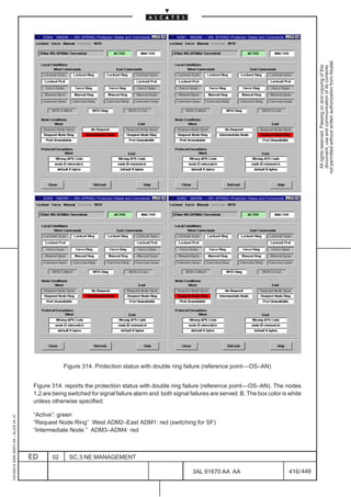 ADM4: 1660SM –– MS–SPRING–Protection States and Commands   ADM1: 1660SM –– MS–SPRING–Protection States and Commands




                                                                                                                                                                                not permitted without written authorization from Alcatel.
                                                                                                                                                                                  All rights reserved. Passing on and copying of this
                                                                                                                                                                                  document, use and communication of its contents
                                              ADM3: 1660SM –– MS–SPRING–Protection States and Commands   ADM2: 1660SM –– MS–SPRING–Protection States and Commands




                                                        Figure 314. Protection status with double ring failure (reference point––OS–AN)


                                          Figure 314. reports the protection status with double ring failure (reference point––OS–AN). The nodes
                                          1,2 are being switched for signal failure alarm and both signal failures are served: B. The box color is white
                                          unless otherwise specified:

                                          “Active”: green
1AA 00014 0004 (9007) A4 – ALICE 04.10




                                          “Request Node Ring” West ADM2–East ADM1: red (switching for SF)
                                          “Intermediate Node ” ADM3–ADM4: red



                                         ED       02       SC.3:NE MANAGEMENT

                                                                                                                 3AL 91670 AA AA                                    416 / 448


                                                                                                                                   448
 