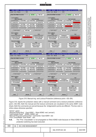 ADM4: 1660SM –– MS–SPRING–Protection States and Commands   ADM1: 1660SM –– MS–SPRING–Protection States and Commands




                                                                                                                                                                                not permitted without written authorization from Alcatel.
                                                                                                                                                                                  All rights reserved. Passing on and copying of this
                                                                                                                                                                                  document, use and communication of its contents
                                              ADM3: 1660SM –– MS–SPRING–Protection States and Commands   ADM2: 1660SM –– MS–SPRING–Protection States and Commands




                                                           Figure 318. Manual ring and Lockout Protection (reference point––SS–SN)

                                          Figure 318. reports the protection status with a manual command and a lockout protection (reference
                                          point––SS–SN). Both the manual and the lockout commands are visualized to the same ADM1 node
                                          (East). Both the commands are served because the bridge/switch points are different. The box color is
                                          white unless otherwise specified:
                                          “Active”: green
                                          “Request Node Ring” East ADM1 – West ADM2: red ( served )
                                          “Intermediate Node ” ADM3, ADM4: red
1AA 00014 0004 (9007) A4 – ALICE 04.10




                                          “Manual Ring and Lockout Prot.” commands East ADM1: red
                                          “Prot. Unavailable” East ADM1 : red .
                                          N.B.       The “Prot. Unavailable” is not propagated on West ADM2 node because on West ADM2 the
                                                     protection switching has been executed.

                                         ED       02       SC.3:NE MANAGEMENT

                                                                                                                 3AL 91670 AA AA                                    420 / 448


                                                                                                                                   448
 