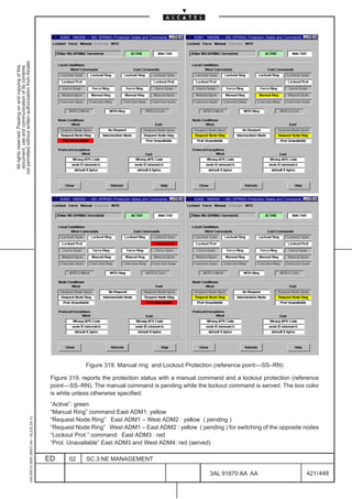 ADM4: 1660SM –– MS–SPRING–Protection States and Commands   ADM1: 1660SM –– MS–SPRING–Protection States and Commands
not permitted without written authorization from Alcatel.
  All rights reserved. Passing on and copying of this
  document, use and communication of its contents




                                                                                                   ADM3: 1660SM –– MS–SPRING–Protection States and Commands   ADM2: 1660SM –– MS–SPRING–Protection States and Commands




                                                                                                                Figure 319. Manual ring and Lockout Protection (reference point––SS–RN)

                                                                                               Figure 319. reports the protection status with a manual command and a lockout protection (reference
                                                                                               point––SS–RN). The manual command is pending while the lockout command is served. The box color
                                                                                               is white unless otherwise specified:
                                                                                               “Active”: green
                                                                                               “Manual Ring” command East ADM1: yellow
                                                     1AA 00014 0004 (9007) A4 – ALICE 04.10




                                                                                               “Request Node Ring” East ADM1 – West ADM2 : yellow ( pending )
                                                                                               “Request Node Ring” West ADM1 – East ADM2 : yellow ( pending ) for switching of the opposite nodes
                                                                                               “Lockout Prot.” command: East ADM3 : red
                                                                                               “Prot. Unavailable” East ADM3 and West ADM4: red (served)

                                                                                              ED       02       SC.3:NE MANAGEMENT

                                                                                                                                                                      3AL 91670 AA AA                                    421 / 448


                                                                                                                                                                                        448
 