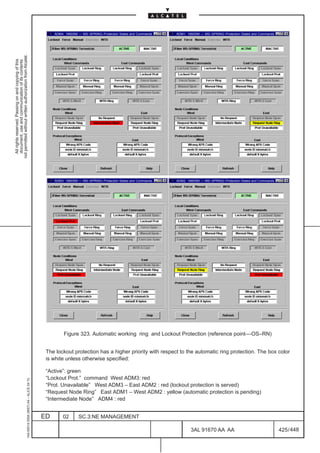 ADM4: 1660SM –– MS–SPRING–Protection States and Commands   ADM1: 1660SM –– MS–SPRING–Protection States and Commands
not permitted without written authorization from Alcatel.
  All rights reserved. Passing on and copying of this
  document, use and communication of its contents




                                                                                                   ADM3: 1660SM –– MS–SPRING–Protection States and Commands   ADM2: 1660SM –– MS–SPRING–Protection States and Commands




                                                                                                        Figure 323. Automatic working ring and Lockout Protection (reference point––OS–RN)


                                                                                               The lockout protection has a higher priority with respect to the automatic ring protection. The box color
                                                                                               is white unless otherwise specified:

                                                                                               “Active”: green
                                                                                               “Lockout Prot.” command West ADM3: red
                                                     1AA 00014 0004 (9007) A4 – ALICE 04.10




                                                                                               “Prot. Unavailable” West ADM3 – East ADM2 : red (lockout protection is served)
                                                                                               “Request Node Ring” East ADM1 – West ADM2 : yellow (automatic protection is pending)
                                                                                               “Intermediate Node” ADM4 : red


                                                                                              ED       02       SC.3:NE MANAGEMENT

                                                                                                                                                                      3AL 91670 AA AA                                    425 / 448


                                                                                                                                                                                        448
 
