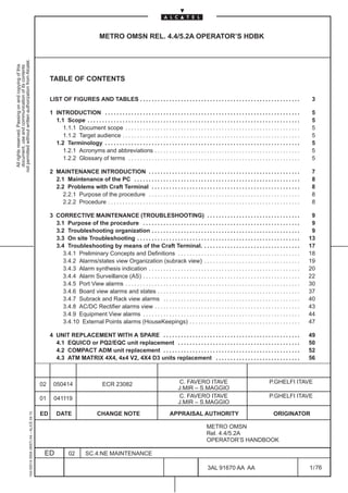 METRO OMSN REL. 4.4/5.2A OPERATOR’S HDBK
not permitted without written authorization from Alcatel.
  All rights reserved. Passing on and copying of this
  document, use and communication of its contents




                                                                                                   TABLE OF CONTENTS

                                                                                                   LIST OF FIGURES AND TABLES . . . . . . . . . . . . . . . . . . . . . . . . . . . . . . . . . . . . . . . . . . . . . . . . . . . . . . .                         3

                                                                                                   1 INTRODUCTION . . . . . . . . . . . . . . . . . . . . . . . . . . . . . . . . . . . . . . . . . . . . . . . . . . . . . . . . . . . . . . . . . . .             5
                                                                                                     1.1 Scope . . . . . . . . . . . . . . . . . . . . . . . . . . . . . . . . . . . . . . . . . . . . . . . . . . . . . . . . . . . . . . . . . . . . . . . . .    5
                                                                                                        1.1.1 Document scope . . . . . . . . . . . . . . . . . . . . . . . . . . . . . . . . . . . . . . . . . . . . . . . . . . . . . . . . . . . .                5
                                                                                                        1.1.2 Target audience . . . . . . . . . . . . . . . . . . . . . . . . . . . . . . . . . . . . . . . . . . . . . . . . . . . . . . . . . . . . .             5
                                                                                                     1.2 Terminology . . . . . . . . . . . . . . . . . . . . . . . . . . . . . . . . . . . . . . . . . . . . . . . . . . . . . . . . . . . . . . . . . . .          5
                                                                                                        1.2.1 Acronyms and abbreviations . . . . . . . . . . . . . . . . . . . . . . . . . . . . . . . . . . . . . . . . . . . . . . . . . .                        5
                                                                                                        1.2.2 Glossary of terms . . . . . . . . . . . . . . . . . . . . . . . . . . . . . . . . . . . . . . . . . . . . . . . . . . . . . . . . . . .               5

                                                                                                   2 MAINTENANCE INTRODUCTION . . . . . . . . . . . . . . . . . . . . . . . . . . . . . . . . . . . . . . . . . . . . . . . . . . . .                               7
                                                                                                     2.1 Maintenance of the PC . . . . . . . . . . . . . . . . . . . . . . . . . . . . . . . . . . . . . . . . . . . . . . . . . . . . . . . . .                    8
                                                                                                     2.2 Problems with Craft Terminal . . . . . . . . . . . . . . . . . . . . . . . . . . . . . . . . . . . . . . . . . . . . . . . . . . .                         8
                                                                                                        2.2.1 Purpose of the procedure . . . . . . . . . . . . . . . . . . . . . . . . . . . . . . . . . . . . . . . . . . . . . . . . . . . .                      8
                                                                                                        2.2.2 Procedure . . . . . . . . . . . . . . . . . . . . . . . . . . . . . . . . . . . . . . . . . . . . . . . . . . . . . . . . . . . . . . . . . .         8

                                                                                                   3 CORRECTIVE MAINTENANCE (TROUBLESHOOTING) . . . . . . . . . . . . . . . . . . . . . . . . . . . . . . . .                                                       9
                                                                                                     3.1 Purpose of the procedure . . . . . . . . . . . . . . . . . . . . . . . . . . . . . . . . . . . . . . . . . . . . . . . . . . . . . .                       9
                                                                                                     3.2 Troubleshooting organization . . . . . . . . . . . . . . . . . . . . . . . . . . . . . . . . . . . . . . . . . . . . . . . . . . .                         9
                                                                                                     3.3 On site Troubleshooting . . . . . . . . . . . . . . . . . . . . . . . . . . . . . . . . . . . . . . . . . . . . . . . . . . . . . . . .                   13
                                                                                                     3.4 Troubleshooting by means of the Craft Terminal. . . . . . . . . . . . . . . . . . . . . . . . . . . . . . . . . .                                         17
                                                                                                        3.4.1 Preliminary Concepts and Definitions . . . . . . . . . . . . . . . . . . . . . . . . . . . . . . . . . . . . . . . . . .                             18
                                                                                                        3.4.2 Alarms/states view Organization (subrack view) . . . . . . . . . . . . . . . . . . . . . . . . . . . . . . . . .                                     19
                                                                                                        3.4.3 Alarm synthesis indication . . . . . . . . . . . . . . . . . . . . . . . . . . . . . . . . . . . . . . . . . . . . . . . . . . . .                   20
                                                                                                        3.4.4 Alarm Surveillance (AS) . . . . . . . . . . . . . . . . . . . . . . . . . . . . . . . . . . . . . . . . . . . . . . . . . . . . . .                  22
                                                                                                        3.4.5 Port View alarms . . . . . . . . . . . . . . . . . . . . . . . . . . . . . . . . . . . . . . . . . . . . . . . . . . . . . . . . . . . .             30
                                                                                                        3.4.6 Board view alarms and states . . . . . . . . . . . . . . . . . . . . . . . . . . . . . . . . . . . . . . . . . . . . . . . . .                       37
                                                                                                        3.4.7 Subrack and Rack view alarms . . . . . . . . . . . . . . . . . . . . . . . . . . . . . . . . . . . . . . . . . . . . . . .                           40
                                                                                                        3.4.8 AC/DC Rectifier alarms view . . . . . . . . . . . . . . . . . . . . . . . . . . . . . . . . . . . . . . . . . . . . . . . . . .                      43
                                                                                                        3.4.9 Equipment View alarms . . . . . . . . . . . . . . . . . . . . . . . . . . . . . . . . . . . . . . . . . . . . . . . . . . . . . .                    44
                                                                                                        3.4.10 External Points alarms (HouseKeepings) . . . . . . . . . . . . . . . . . . . . . . . . . . . . . . . . . . . . . .                                  47

                                                                                                   4 UNIT REPLACEMENT WITH A SPARE . . . . . . . . . . . . . . . . . . . . . . . . . . . . . . . . . . . . . . . . . . . . . . .                                   49
                                                                                                     4.1 EQUICO or PQ2/EQC unit replacement . . . . . . . . . . . . . . . . . . . . . . . . . . . . . . . . . . . . . . . . . .                                    50
                                                                                                     4.2 COMPACT ADM unit replacement . . . . . . . . . . . . . . . . . . . . . . . . . . . . . . . . . . . . . . . . . . . . . . .                                52
                                                                                                     4.3 ATM MATRIX 4X4, 4x4 V2, 4X4 D3 units replacement . . . . . . . . . . . . . . . . . . . . . . . . . . . . .                                                56



                                                                                              02     050414                         ECR 23082                                      C. FAVERO ITAVE                                           P.GHELFI ITAVE
                                                                                                                                                                                   J.MIR – S.MAGGIO
                                                                                              01     041119                                                                        C. FAVERO ITAVE                                           P.GHELFI ITAVE
                                                                                                                                                                                   J.MIR – S.MAGGIO
                                                                                              ED       DATE                     CHANGE NOTE                                   APPRAISAL AUTHORITY                                              ORIGINATOR
                                                     1AA 00014 0004 (9007) A4 – ALICE 04.10




                                                                                                                                                                                                     METRO OMSN
                                                                                                                                                                                                     Rel. 4.4/5.2A
                                                                                                                                                                                                     OPERATOR’S HANDBOOK

                                                                                               ED             02         SC.4:NE MAINTENANCE

                                                                                                                                                                                                      3AL 91670 AA AA                                              1 / 76


                                                                                                                                                                                                                           76
 
