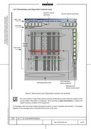 3.4.2 Alarms/states view Organization (subrack view)

                                                                                                                                              Severity alarms
                                                                                                                                                                         Domain alarms synthesis
                                                                                                                                              synthesis
not permitted without written authorization from Alcatel.
  All rights reserved. Passing on and copying of this
  document, use and communication of its contents




                                                                                                   Menu bar


                                                                                                   View title




                                                                                                                                                                                             LCA




                                                                                                                Boards
                                                                                                                Alarms
                                                                                               View area




                                                                                                                                                                        Administrative
                                                                                                                                     Message/status area                state indications
                                                                                                                                                                                 Management
                                                                                                                                                                                 status control panel


                                                                                                                    Figure 5. Alarms/status view Organization (subrack view example)


                                                                                                            the critical (CRI) or major (MAJ) alarms indicate severe alarms that could have impact on the
                                                                                                            current traffic (interruption or degrade). Thus requiring a rapid intervention to restore the
                                                                                                            regular working condition of the equipment.

                                                                                               A message under the mouse facility provides the alarm or status complete denomination. A message
                                                     1AA 00014 0004 (9007) A4 – ALICE 04.10




                                                                                               appears in the message area in the bottom left corner of the view.




                                                                                              ED       02       SC.4:NE MAINTENANCE

                                                                                                                                                                3AL 91670 AA AA                         19 / 76


                                                                                                                                                                            76
 