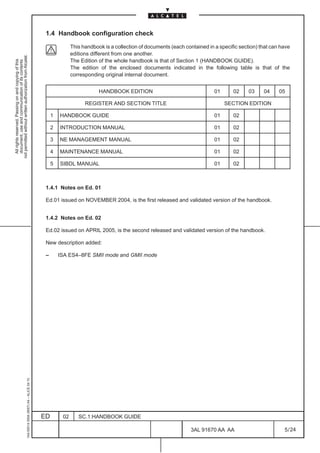 1.4 Handbook configuration check

                                                                                                             This handbook is a collection of documents (each contained in a specific section) that can have
                                                                                                             editions different from one another.
not permitted without written authorization from Alcatel.




                                                                                                             The Edition of the whole handbook is that of Section 1 (HANDBOOK GUIDE).
  All rights reserved. Passing on and copying of this
  document, use and communication of its contents




                                                                                                             The edition of the enclosed documents indicated in the following table is that of the
                                                                                                             corresponding original internal document.


                                                                                                                         HANDBOOK EDITION                                  01        02   03    04     05

                                                                                                                   REGISTER AND SECTION TITLE                                   SECTION EDITION

                                                                                                   1   HANDBOOK GUIDE                                                      01        02

                                                                                                   2   INTRODUCTION MANUAL                                                 01        02

                                                                                                   3   NE MANAGEMENT MANUAL                                                01        02

                                                                                                   4   MAINTENANCE MANUAL                                                  01        02

                                                                                                   5   SIBDL MANUAL                                                        01        02



                                                                                               1.4.1 Notes on Ed. 01

                                                                                               Ed.01 issued on NOVEMBER 2004, is the first released and validated version of the handbook.


                                                                                               1.4.2 Notes on Ed. 02

                                                                                               Ed.02 issued on APRIL 2005, is the second released and validated version of the handbook.

                                                                                               New description added:

                                                                                               –       ISA ES4–8FE SMII mode and GMII mode
                                                     1AA 00014 0004 (9007) A4 – ALICE 04.10




                                                                                              ED        02      SC.1:HANDBOOK GUIDE

                                                                                                                                                                 3AL 91670 AA AA                         5 / 24


                                                                                                                                                                                24
 