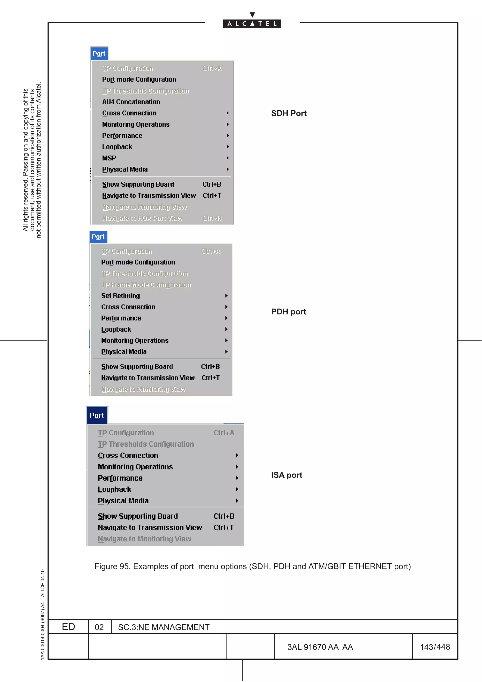 All rights reserved. Passing on and copying of this
                                                                                                                                                         document, use and communication of its contents
                                                                                                                                                       not permitted without written authorization from Alcatel.
      1AA 00014 0004 (9007) A4 – ALICE 04.10




                           ED
                           02
                           SC.3:NE MANAGEMENT
                                                                                                                                 ISA port
                                                                                                                                            PDH port
                                                                                                                                                                                                  SDH Port




448
         3AL 91670 AA AA
                                                Figure 95. Examples of port menu options (SDH, PDH and ATM/GBIT ETHERNET port)




         143 / 448
 