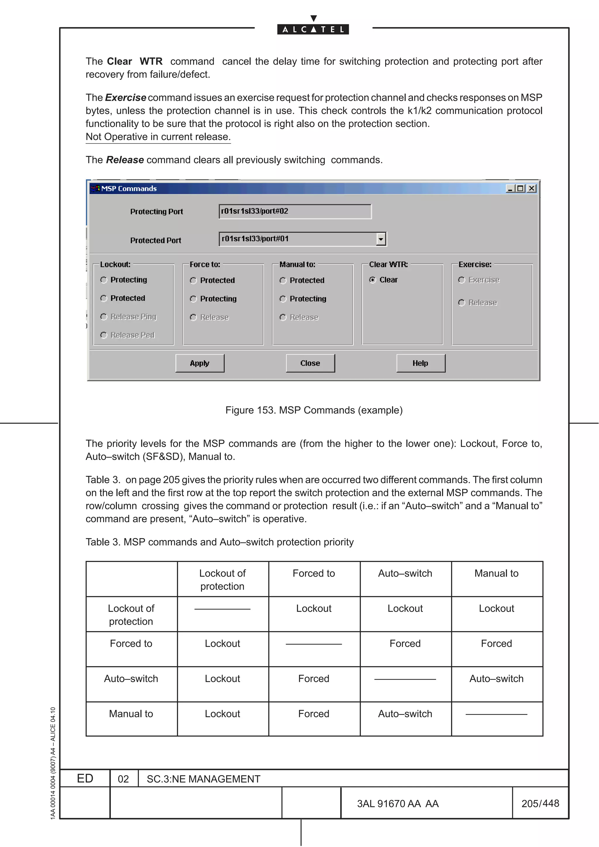 The Clear WTR command cancel the delay time for switching protection and protecting port after
                                          recovery from failure/defect.

                                          The Exercise command issues an exercise request for protection channel and checks responses on MSP
                                          bytes, unless the protection channel is in use. This check controls the k1/k2 communication protocol
                                          functionality to be sure that the protocol is right also on the protection section.
                                          Not Operative in current release.

                                          The Release command clears all previously switching commands.




                                                                         Figure 153. MSP Commands (example)


                                          The priority levels for the MSP commands are (from the higher to the lower one): Lockout, Force to,
                                          Auto–switch (SF&SD), Manual to.

                                          Table 3. on page 205 gives the priority rules when are occurred two different commands. The first column
                                          on the left and the first row at the top report the switch protection and the external MSP commands. The
                                          row/column crossing gives the command or protection result (i.e.: if an “Auto–switch” and a “Manual to”
                                          command are present, “Auto–switch” is operative.

                                          Table 3. MSP commands and Auto–switch protection priority


                                                                   Lockout of            Forced to          Auto–switch           Manual to
                                                                   protection

                                               Lockout of         ––––––––––             Lockout              Lockout              Lockout
                                               protection

                                               Forced to             Lockout           ––––––––––              Forced              Forced


                                              Auto–switch            Lockout              Forced           –––––––––––           Auto–switch
1AA 00014 0004 (9007) A4 – ALICE 04.10




                                               Manual to             Lockout              Forced            Auto–switch         –––––––––––




                                         ED      02    SC.3:NE MANAGEMENT

                                                                                                       3AL 91670 AA AA                        205 / 448


                                                                                                                     448
 