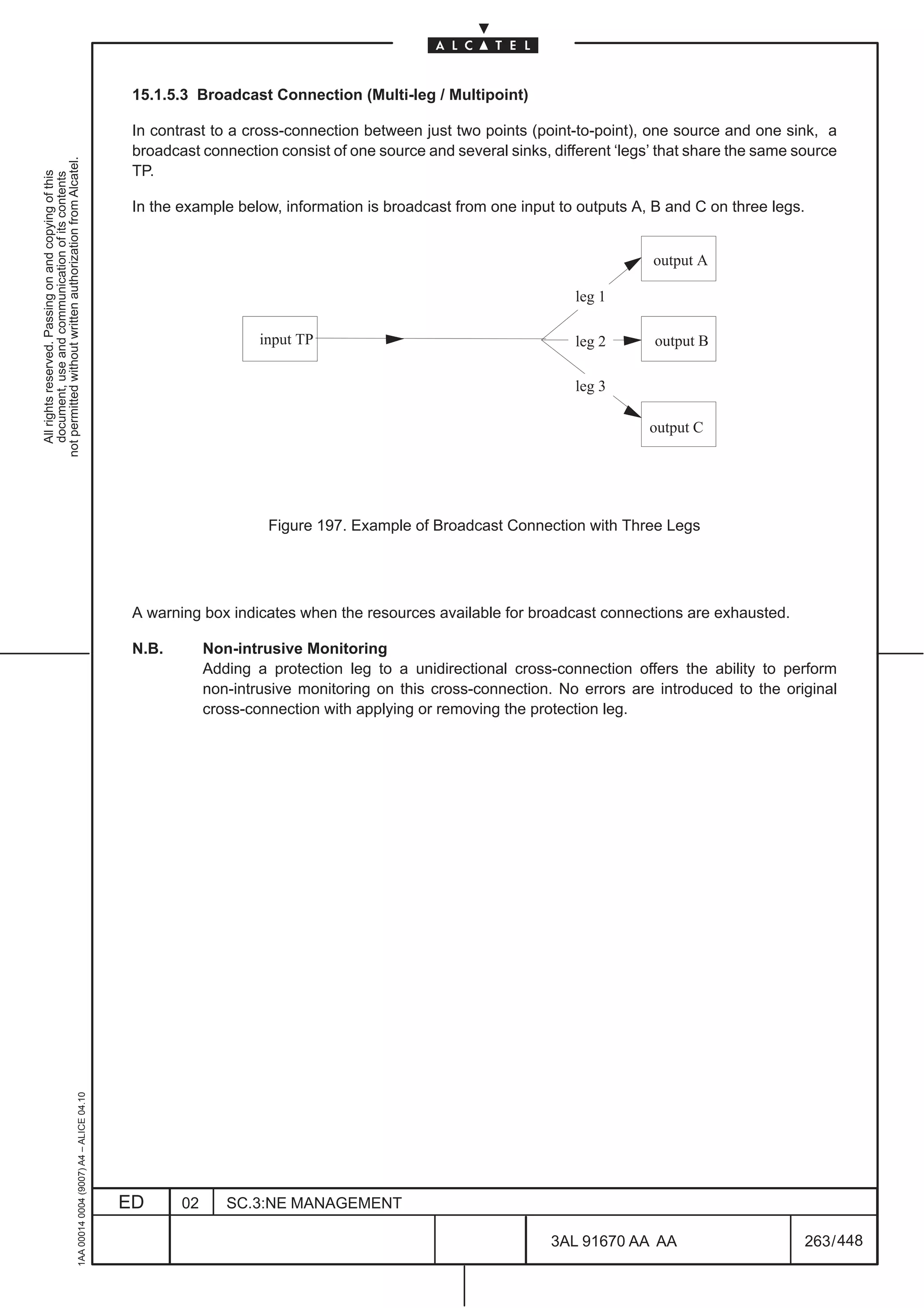 15.1.5.3 Broadcast Connection (Multi-leg / Multipoint)

                                                                                               In contrast to a cross-connection between just two points (point-to-point), one source and one sink, a
                                                                                               broadcast connection consist of one source and several sinks, different ‘legs’ that share the same source
not permitted without written authorization from Alcatel.




                                                                                               TP.
  All rights reserved. Passing on and copying of this
  document, use and communication of its contents




                                                                                               In the example below, information is broadcast from one input to outputs A, B and C on three legs.
                                                                                                                                                                         ÈÈÈÈÈ
                                                                                                                                                                         ÈÈÈÈÈ
                                                                                                                                                                            output A

                                                                                                                                                                 leg 1
                                                                                                                                                                         ÈÈÈÈÈ
                                                                                                                ÀÀÀÀ
                                                                                                                   input TP
                                                                                                                ÀÀÀÀ                                             leg 2
                                                                                                                                                                         ÈÈÈÈÈ
                                                                                                                                                                            output B
                                                                                                                                                                         ÈÈÈÈÈ
                                                                                                                ÀÀÀÀ                                             leg 3
                                                                                                                                                                         ÈÈÈÈÈ
                                                                                                                                                                         ÈÈÈÈÈ
                                                                                                                                                                         ÈÈÈÈÈ
                                                                                                                                                                            output C
                                                                                                                                                                         ÈÈÈÈÈ
                                                                                                                    Figure 197. Example of Broadcast Connection with Three Legs




                                                                                               A warning box indicates when the resources available for broadcast connections are exhausted.

                                                                                               N.B.        Non-intrusive Monitoring
                                                                                                           Adding a protection leg to a unidirectional cross-connection offers the ability to perform
                                                                                                           non-intrusive monitoring on this cross-connection. No errors are introduced to the original
                                                                                                           cross-connection with applying or removing the protection leg.
                                                     1AA 00014 0004 (9007) A4 – ALICE 04.10




                                                                                              ED      02      SC.3:NE MANAGEMENT

                                                                                                                                                             3AL 91670 AA AA                       263 / 448


                                                                                                                                                                           448
 